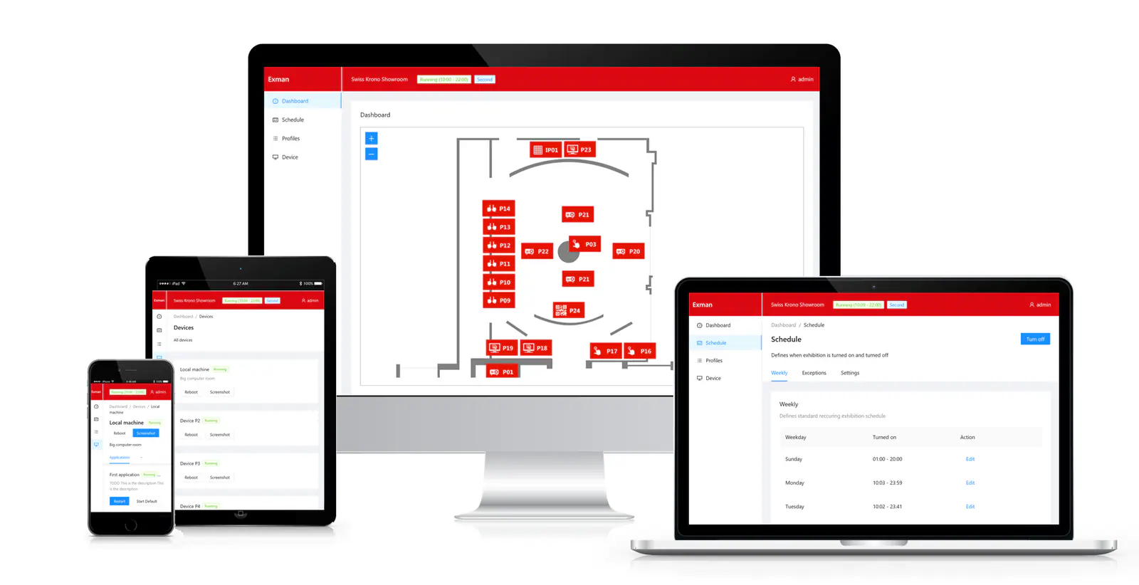 Exhibition management system shown on a laptop, tablet and phone